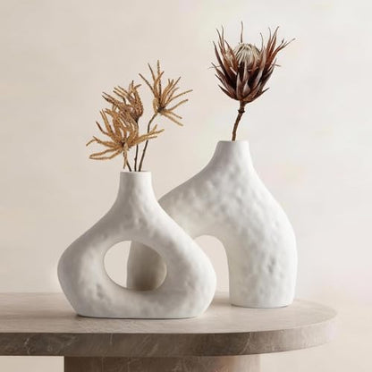 DOWAN Ceramic Vase Set of 2, 7.6" Decorative Pampas Vase for Home Decor, Modern Farmhouse Pottery Vase for Living Room Coffee Table Kitchen Bedroom Desk Entryway Mantel Book Shelf, Soft White