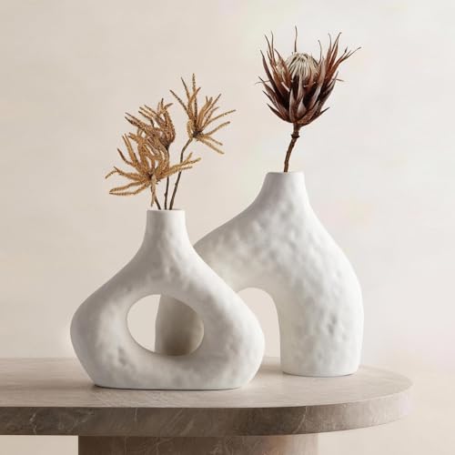 DOWAN Ceramic Vase Set of 2, 7.6" Decorative Pampas Vase for Home Decor, Modern Farmhouse Pottery Vase for Living Room Coffee Table Kitchen Bedroom Desk Entryway Mantel Book Shelf, Soft White
