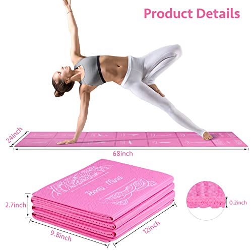 Foldable Yoga Mat for Women, Non Slip Exercise Mat for Home Gym, 5mm Travel Yoga Mats Set With Stretch Strap for Yoga Pilates and Fitness, 68"L x 24"W x 0.2 Inch Thick - color: Pink