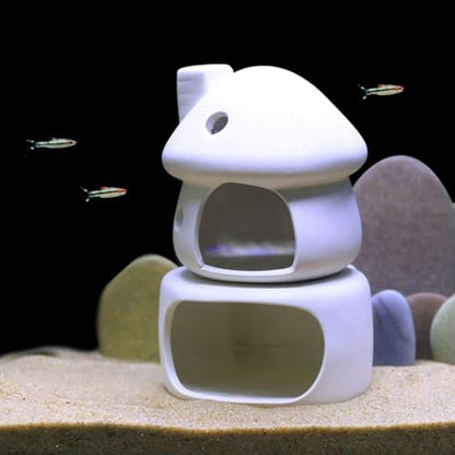 Aquarium Decorations Ceramic Mushroom House with Cave Set for Fish Tank Landscape to Small Shrimp/Goldfishes Hiding Rest and Breed (White)