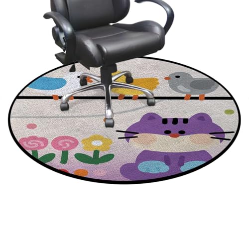 Nature Cartoon Round Gaming & Office Chair Mat for Hardwood Floors, Bird Cat Flower Play Noise-Cancelling & Anti-Slip Protector, Blue Purple Pink Diameter 39.4 in - color: Nature Cartoon_1408, size: Diameter 39.4 in