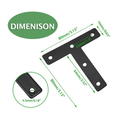 Uenhoy 10 Pcs T Shape Flat Mending Plates 80mm x 80mm (3.15" x 3.15") T Corner Braces T Bracket Connector Fixing Repair Plates for Furniture, Black