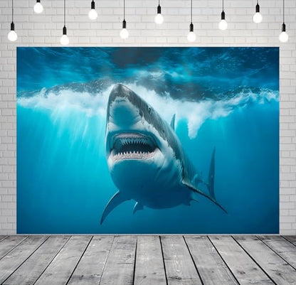 BELECO 20x10ft Fabric Shark Under The Sea Backdrop Ocean Shark Underwater Blue Sea Waves Great White Shark Aquarium Background Shark Theme Party Decorations Birthday Photoshoot Studio Props Wallpaper - size: 20x10FT