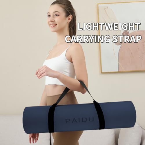 PAIDU POE Yoga Mat （10mm）Extra Thick Fitness Mat 72"x24" with Carry Strap | Non-slip, tear-resistant and suitable for all ages, perfect for yoga, Pilates, home gym and full-body workouts. - color: Navy blue & Black