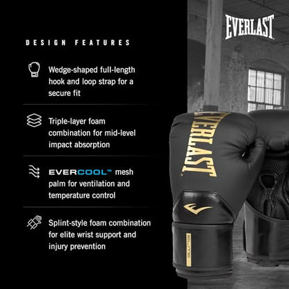 Everlast Elite 2 Boxing Gloves - color: Black/Gold, size: 12 oz