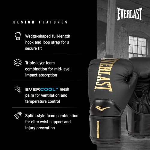 Everlast Elite 2 Boxing Gloves - color: Black/Gold, size: 12 oz