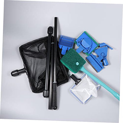 Fish Tank Kit Aquarium Glass Tank Tools with Gravel Rake Scraper Plant Fork Sponge Brush and Net Aquatic Maintenance Green