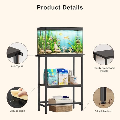 5-10 Gallon Fish Tank Stand, Aquarium Stand with 2-Tier Storage Shelves, Heavy-Duty Reptile Terrarium Stand Table with One-Piece Top for 10 Gallon Standard Model, 21.2" L x 11.8" W x 29.3" H (Black) - size: 10 Gallon