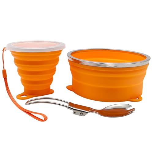 Mess Kit for Camping Silicone Collapsible Bowl Collapsible Cup and Stainless Steel Spoon for Backpacking Outdoor Hiking Traveling and Picnic - color: Orange