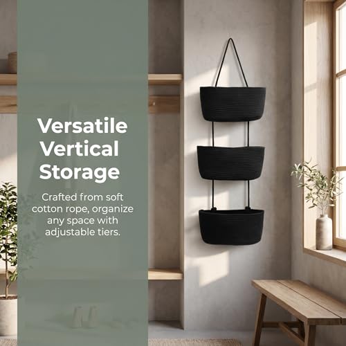 Hanging Basket, Over Door Organizer, 3 -Tier Wall Basket with Hooks (Modern) - style: Modern