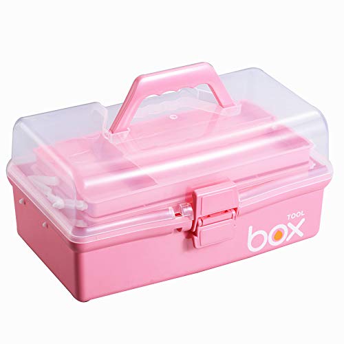 12'' Three-Layer Clear Plastic Storage Box with Handle, Craft Tool Box, 3 Layer Pink Tackle Box for Women, Organizer Box for Sewing Art and Cosmetic (Pink) - color: pink, size: 1PCS