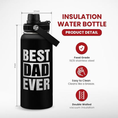 Best Dad Ever Water Bottle 32oz - Stainless Steel Insulated Sports Bottle with Straw Lid, Gifts for Father from Daughter Son - color: Dad 2