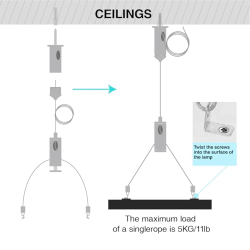 10 Set / 20 pcs Lighting Light Suspension Kit, 5ft Adjustable Luminaire Hanging Wire, 2ft Not Adjustable Steel Cable for Commercial Aquarium LED Panel Light LED Shop Lights Aquarium Lights