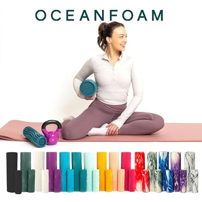 Oceanfoam Ripple Travel Foam Roller (11" x 3.35") Firm Mini Foam Roller for Physical Therapy, Deep Tissue Massage, Back Pain, High Density, Ergonomic Wave Textured, Yoga, Pilate, Exercise (Miami Blue) - color: Miami Blue