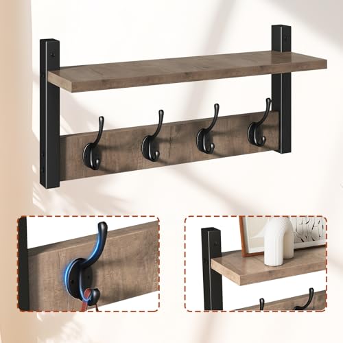 YMYNY Coat Rack Wall Mount with Shelf and Hooks, Silver Gray UHWS001Y-2 | 2 Pack Wooden Wall Mounted Coat Hanger with Shelf and 8 Double Hooks, Wall Coat Rack for Entryway Hallway Bedroom Bathroom - color: Silver Gray, size: 31.5"-2 pack
