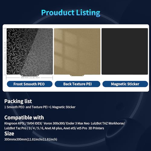 Upgraded 300x300mm Build Plate Pei Smooth/Textured PEO+PEI Sheet Dual-Sides Spring Steel Magnetic Flexible Heated Bed for 300mm LulzBot TAZ Workhorse, TAZ Pro, TAZ 2/3/4/5/6, Anet A8 Plus 3D Printer - size: 300x300mm, style: Black PEO+Gold PEI