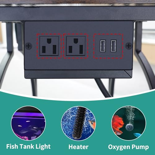 10 Gallon Aquarium Stand with Power Outlet, 3 Tier Heavy Duty Metal Fish Tank Stand with Storage, Fish Tank Table for Home Office, 21.3" x 11.8" x 29", Rustic Brown - size: 10 Gallon