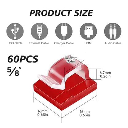 5/8 in Adhesive Cable Clips, 60pcs Outdoor Light Clips, Cord Clips, Sturdy Wire Clips, Finisher Wire Clamp for Home, Car, Office Wire Management Clips (Clear, 5/8"-60PCS)
