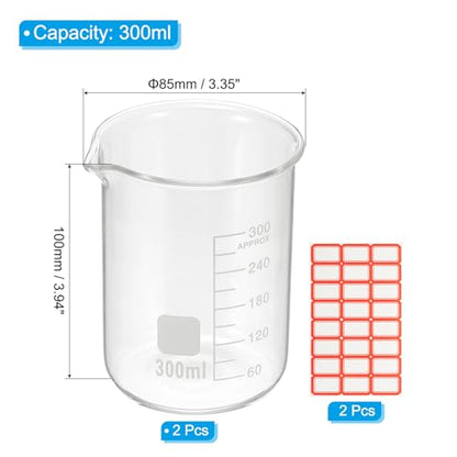 PATIKIL 300ml Glass Beaker, 2 Pack Measuring Glass Beaker Graduated Borosilicate Lab Cups Mug Low Form Heat Safe Transparent with Spout Label for Laboratory Science Kitchen Liquids - size: 300ml