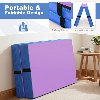 Goplus 4" Thick Folding Gymnastic Mat, Thickened Bi-Fold Fitness Mat with Carrying Handles & PU Leather Cover, Home Gym Tumbling Mat for Stretching, Pilates, Aerobics Workouts - color: Purple&Blue