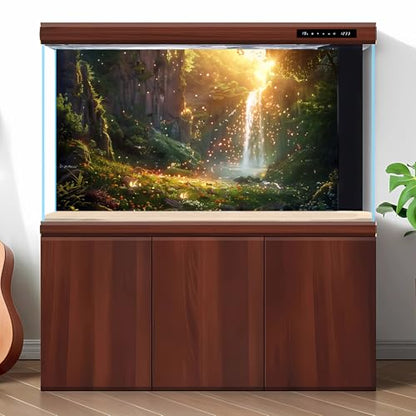 Fantasy Forest Aquarium Background Waterfall Cascades Tranquil Pool Fish Tank Background Enchanted Glade Vibrant Blooms Sunray Reptile Tank Backgrounds Fireflies Oasis Terrarium Backgrounds 48x24in - color: Golden Green, size: 48(W)x24(H)inches/ 120(W)*60