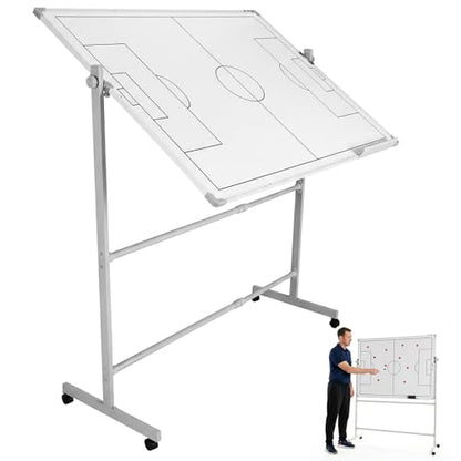 Double-Sided Soccer Coaching Board Height Adjustable Dry Erase Whiteboard with Wheels 360 Degree Reversible Soccer Tactics Board with Magnets Pen & Eraser for Teaching Training