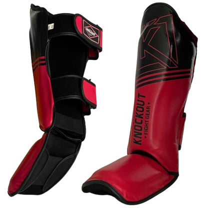 Muay Thai Shin Guards MMA Martial Arts -Padded, Adjustable Leg Guards with Instep Protection for Training and Sparring Gear Kickboxing Equipment – Durable, Professional - color: Red/Black, size: Large-X-Large