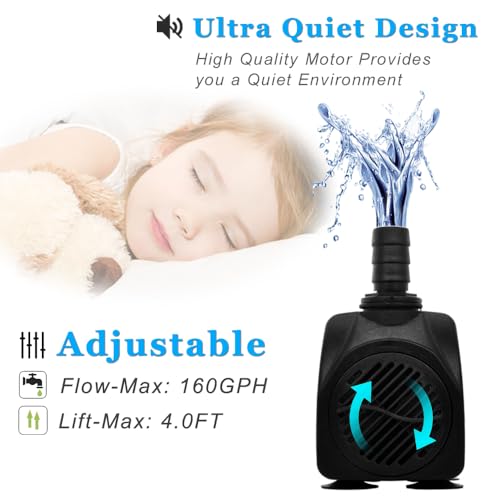 160GPH Small Fountain Pump, Ultra Quiet Submersible Water Pump (600L/H, 10Watt) with 3.3 ft Tubing for Aquariums, Pond Fountain, Water Feature, Indoor Fountains