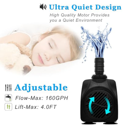 160GPH Small Fountain Pump, Ultra Quiet Submersible Water Pump (600L/H, 10Watt) with 3.3 ft Tubing for Aquariums, Pond Fountain, Water Feature, Indoor Fountains