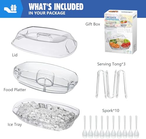 Chilled Veggie Tray, 15 Inch Clear Party Platter with 4 Compartments, Ice Serving Bowl with Lid, Cold Food Buffet Server for Fruit, Vegetable, Appetizer, Shrimp