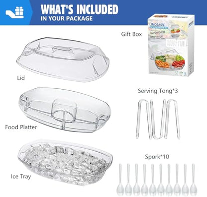 Chilled Veggie Tray, 15 Inch Clear Party Platter with 4 Compartments, Ice Serving Bowl with Lid, Cold Food Buffet Server for Fruit, Vegetable, Appetizer, Shrimp
