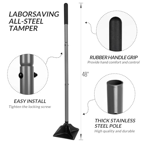 Walensee 10" x 10" Steel Tamper Tool with 48" Handle, Heavy Duty Ground Tamper with Rubber Grip for Leveling Paver Base, Soil, Gravel, Sand, Asphalt, Driveways, Yards and Blacktop Repair