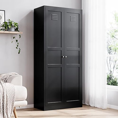 Metal Storage Cabinet with 2 Doors and 5 Adjustable Shelves - 71" Black Kitchen Pantry Storage Cabinet, 5-Tier Tall Steel Cabinet Locker for Kitchen, Living Room, Dining Room