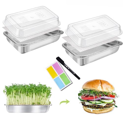 Stainless Steel Sprouts Growing Kit 2-Tier 10.4 inch Trays with Acrylic lid, Microgreens Growing Kit, Seed Sprouting Tray with Encrypted Mesh Sprouts for Beans Alfalfa - size: 10.4"L × 7.67"W Tray with Lid