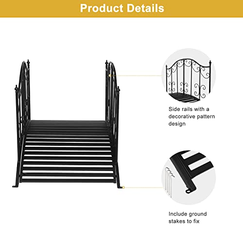 VINGLI Garden Bridge Metal Yard Arch Path Bridge with Patterned Guardrails, Ourdoor Decorative Black Iron Foot Bridge for Pond and Backyard Landscaping-4FT