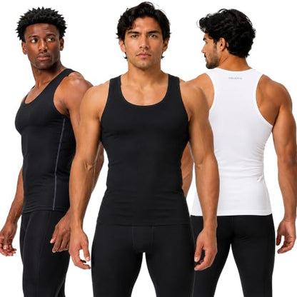 DEVOPS 3 Pack Men's Muscle Dry Fit Compression Tank Top Sleeveless Shirt - color: Black / Black / White, size: XX-Large