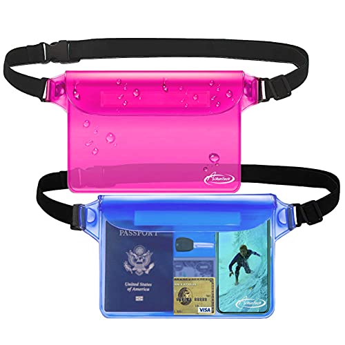AiRunTech Waterproof Pouch with Waist Strap (2 Pack) | Beach Accessories Best Way to Keep Your Phone and Valuables Safe and Dry | Perfect for Boating Swimming Snorkeling Kayaking Beach Pool Water Park - color: Blue + Pink