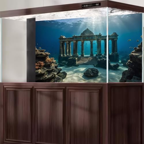 Under The Sea Scene Aquarium Background Tranquil Underwater Ancient Temple Fish Tank Background Deep Blue Sea Sunray Terrarium Backgrounds Blue Ocean Sunken Temple Reptile Tank Backgrounds 48x24in - color: Blue_Dark Brown, size: 48(W)x24(H)in