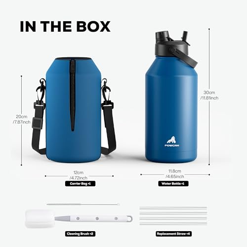 POWCAN 64 oz Insulated Water Bottle with 2-in-1 Straw Spout Lid, Leakproof, Carrier Bag, Shoulder Strap, Keep Cold 48H, Half Gallon Stainless Steel Water Jug for Men, Sports, Camping, Fitness (Indigo) - color: Indigo