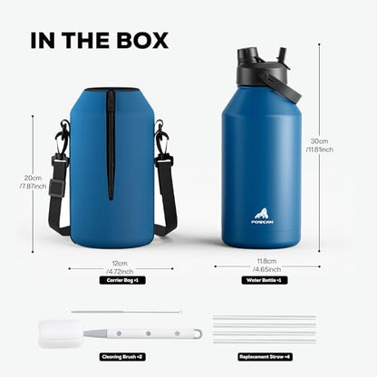 POWCAN 64 oz Insulated Water Bottle with 2-in-1 Straw Spout Lid, Leakproof, Carrier Bag, Shoulder Strap, Keep Cold 48H, Half Gallon Stainless Steel Water Jug for Men, Sports, Camping, Fitness (Indigo) - color: Indigo