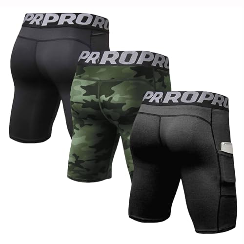 LANBAOSI Mens Compression Shorts with Phone Pocket Running Gym Yoga Athletic Tights Baselayer Summer Cool Dry Underwear Pack - color: Black+camo Green+dark Grey, size: X-Large