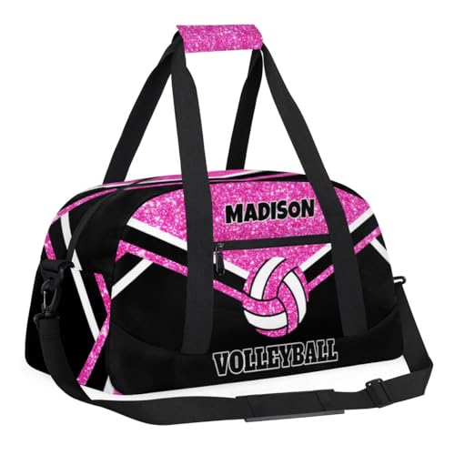 Personalized Volleyball Sports Bag, Bright Pink Glittering with Black | Custom Sport Duffel Bag Large Compartment Cheerleaders Dance Bag Weekender Bags Travel Bag - color: Hot Pink