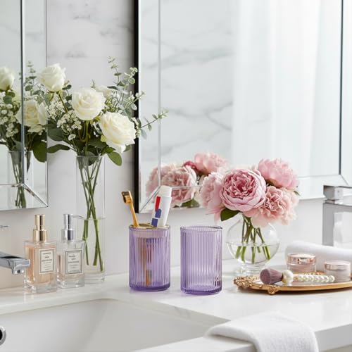 Toothbrush Holders for Bathrooms, 2pcs Purple Glass Toothbrush Holder, Bathroom Toothbrush Cup and Toothpaste Holder with Gold Divider, Tooth Brush and Toothpaste Organizer for Countertop - color: Purple Gold