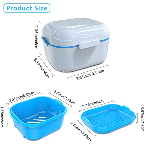 Denture Case with Mirror, Leakproof Retainer Box with Strainer Basket - color: White & Blue