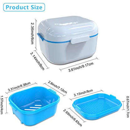 Denture Case with Mirror, Leakproof Retainer Box with Strainer Basket - color: White & Blue