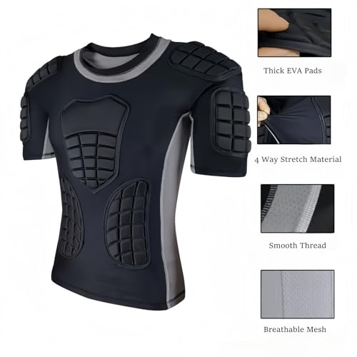 Topeter Men’s Padded Football Shirt with Chest, Rib, Back, Shoulder Pads, Impact Protection Shirts for Rugby, Baseball - size: Large, style: Gray