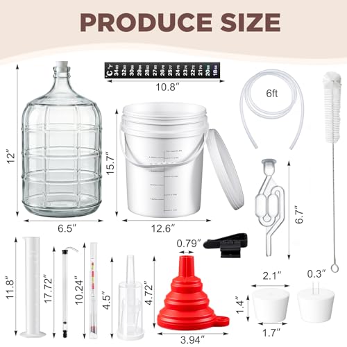 Wine Making Kit Include 5 Gallon Carboy, 6.5Gallon Bucket,Lid, Automatic Siphon, Hydrometer, Alcohol Percentage Tester, Bottle Filler, Airlock, Plug Funnel for Primary & Secondary Fermentation