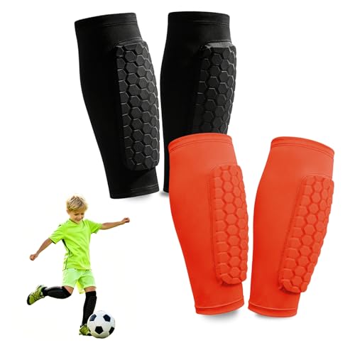 2 Pairs Soccer Shin Guards Kids with Honeycomb Pads | Shin guards soccer with Honeycomb shock-absorbing pads suitable for Pickleball Football Ski MTB - color: Black+Neon Orange, size: X-Large