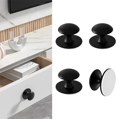 Adhesive Cabinet Knobs 4pcs Black Self-Stick Knobs Drill Free Dresser Drawer Pulls Stainless Steel Stick On Handles for Medicine Cabinets Drawer Cupboards Glass Sliding Door Terrarium Lid