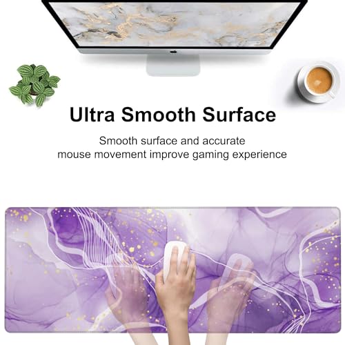 Watercolor Purple Marble Desk Mat,Large Violet Marble Texture Gaming Keyboard Mouse Pad,Non-Slip Rubber Base Desk Pad Thick Stitched Edges Waterproof Mousepad Mouse Mat 31.5"x11.8" - color: Watercolor Purple Marble